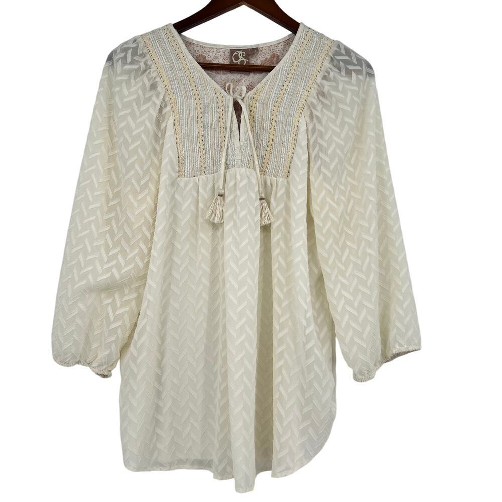 Anthropologie One September Attylie 3/4 Sleeve Peasant Blouse Embroidered Ivory - Picture 2 of 10